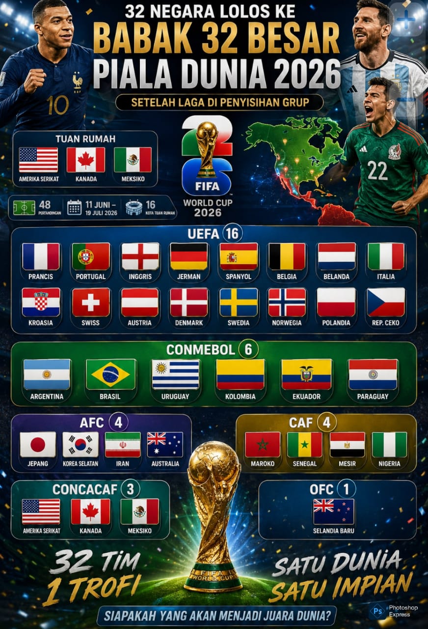 32 negara akan bertarung di babak 16 besar Piala Dunia 2026. (Kitamedan.com)